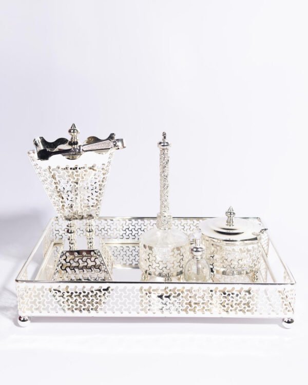 A gift for your loved ones, consisting of a silver tray with a large incense burner, a pinch of incense, and tongs.